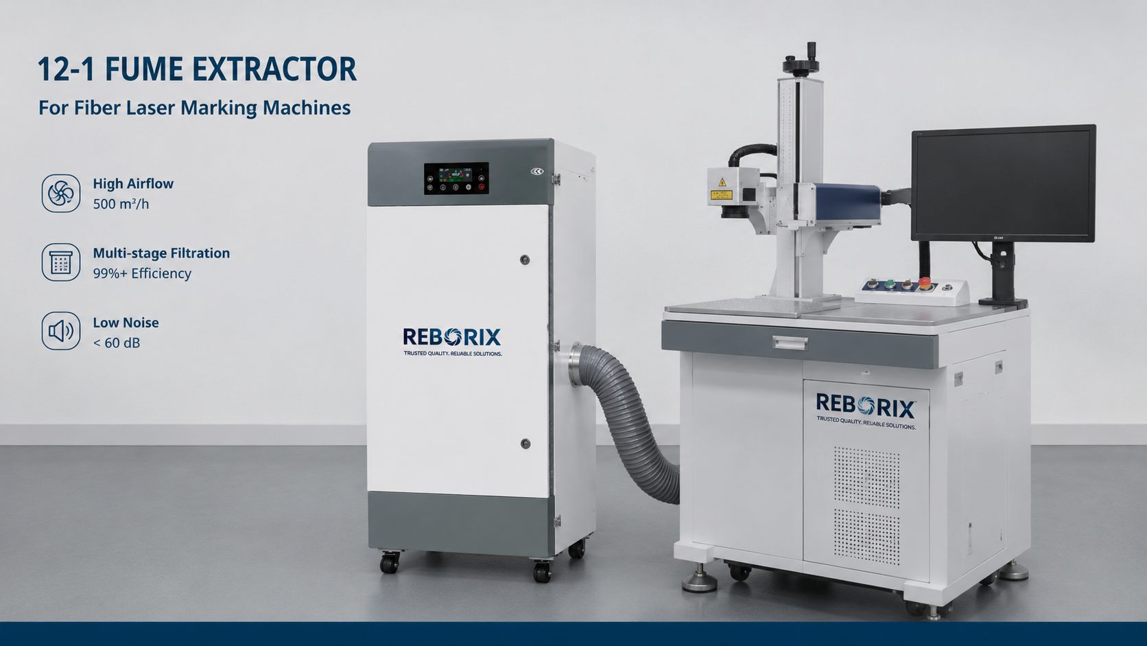 Reborix 12-1 fume extractor beside a fiber laser marking machine