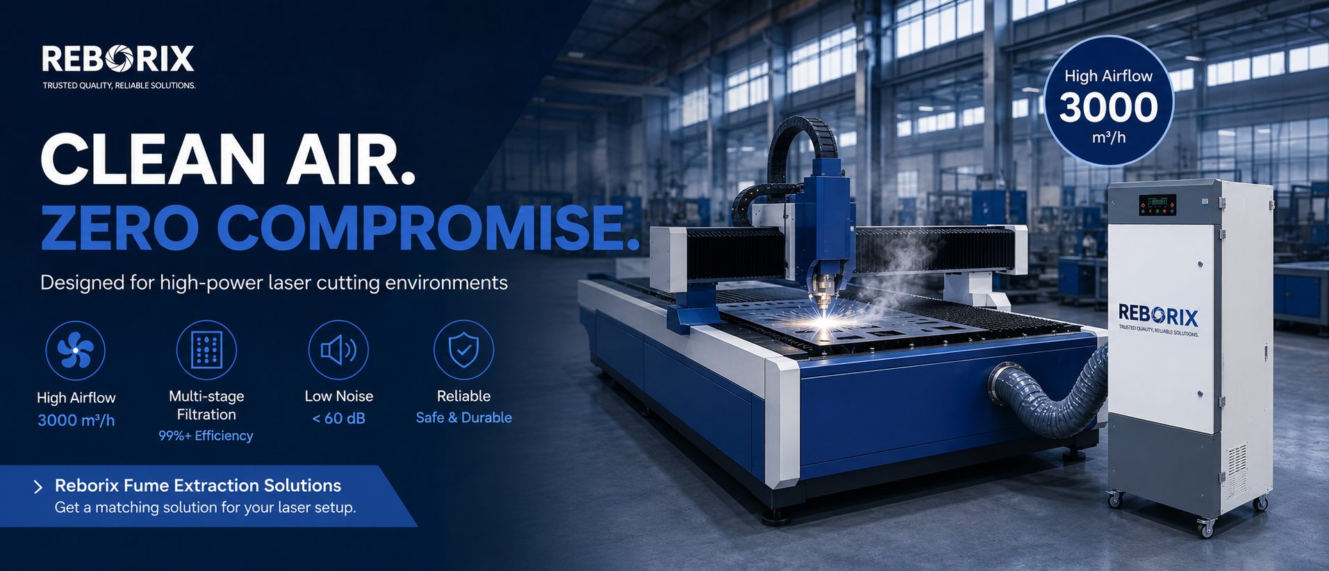 Reborix 12-5S fume extractor beside a CO₂ laser cutter